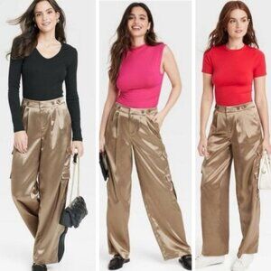 A New Day Gold Satin Wide Leg Trousers Pants Cargo Holiday Christmas Size 14